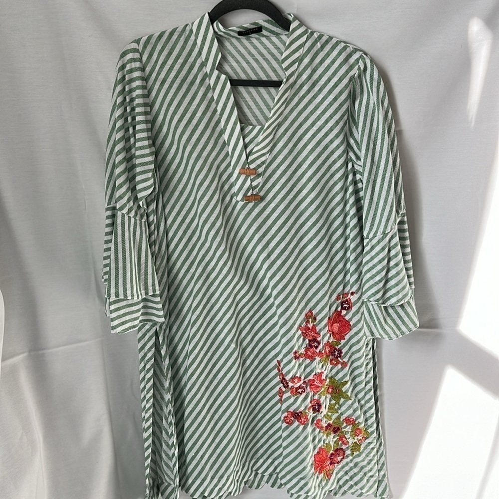 Sapphire Embroidered Kaftan Dress Green White Stripe Boho Midi Tunic Style Large